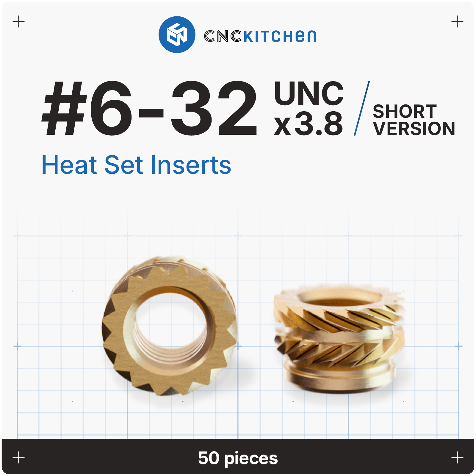 CNC Kitchen heat set inserts #6-32 UNC x 3,8 mm (kort version) i messing, 50 stk.